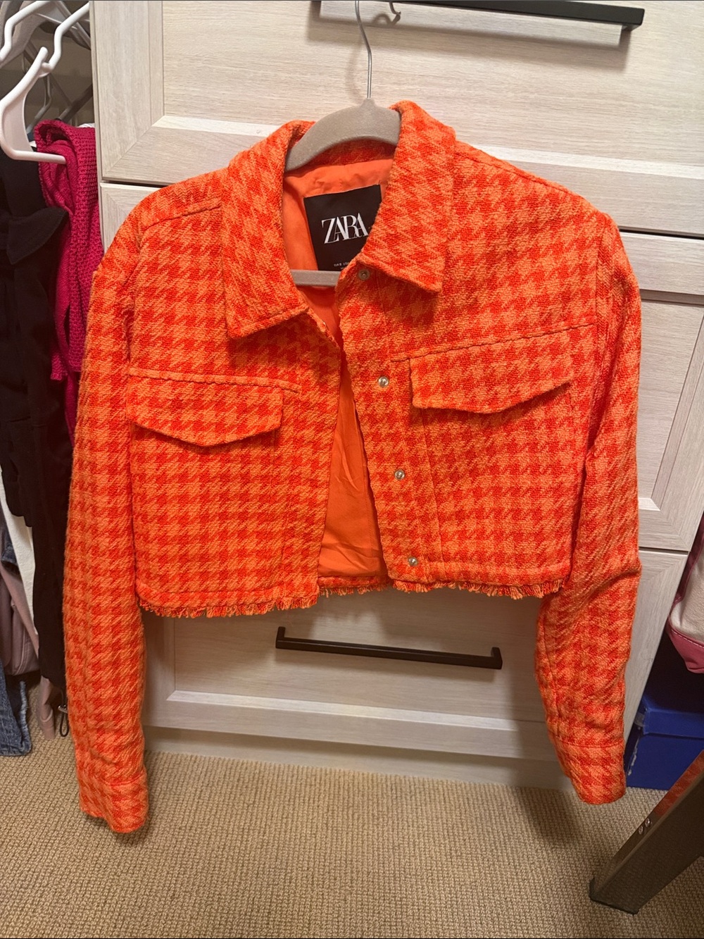ZARA Bright Orange Houndstooth Cropped Jacket